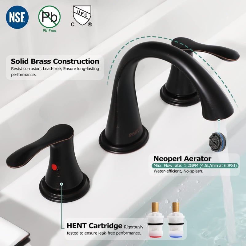 PARLOS 2 Handles Widespread Bathroom Faucet with Metal Pop Up Sink Drain and Supply Lines, Oil Rubbed Bronze, Demeter, 13648 - Image 2